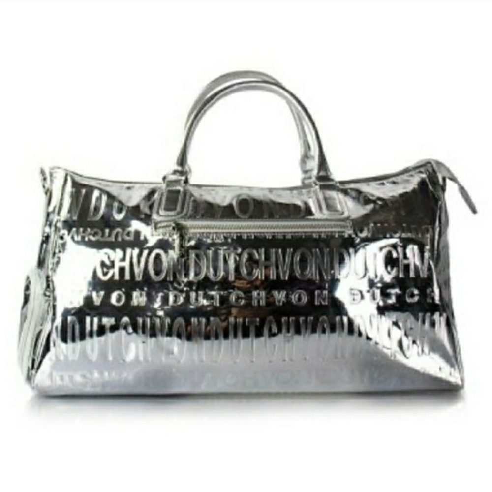 NWT! Von Dutch Metallic Silver Mirrored Weekender Gym Duffel Bag (Retail $379) - Picture 3 of 16
